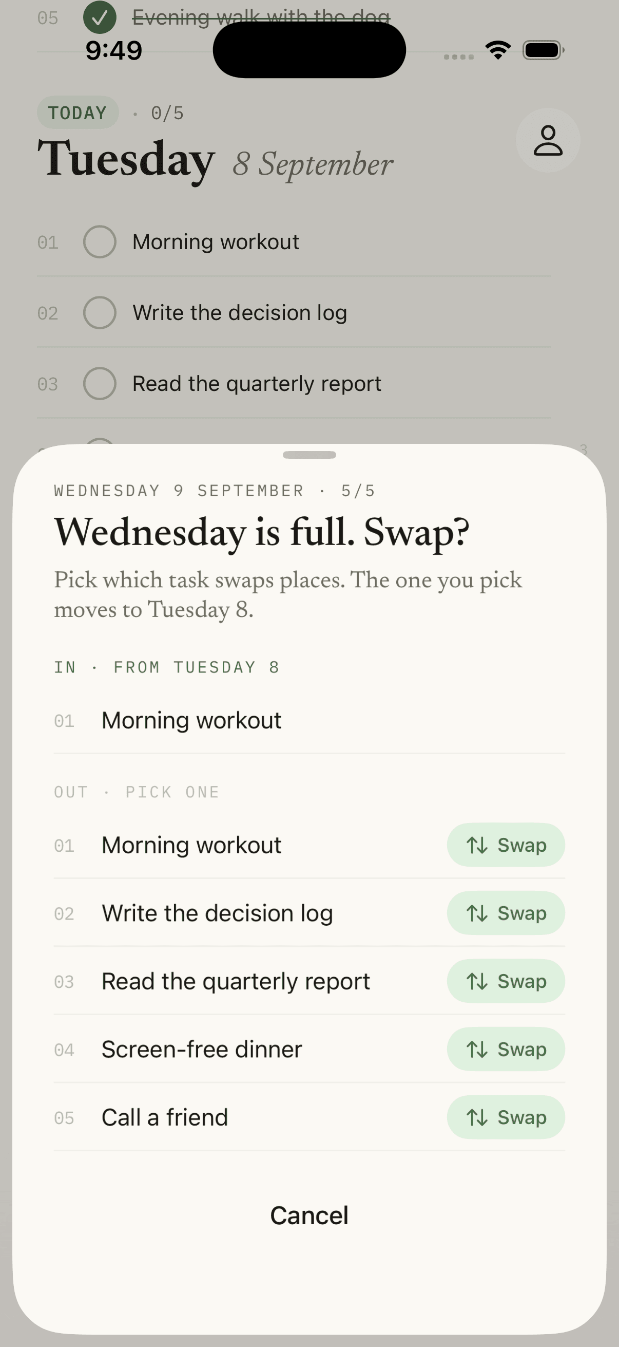 Wednesday is full. Swap something out?