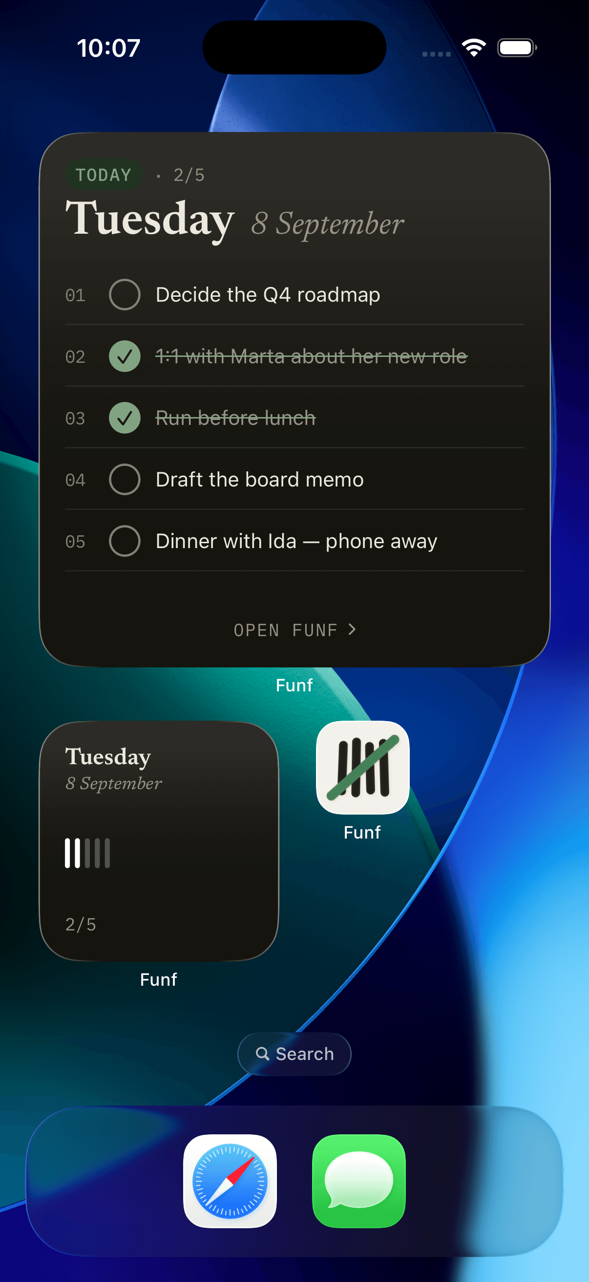 The widgets on the home screen