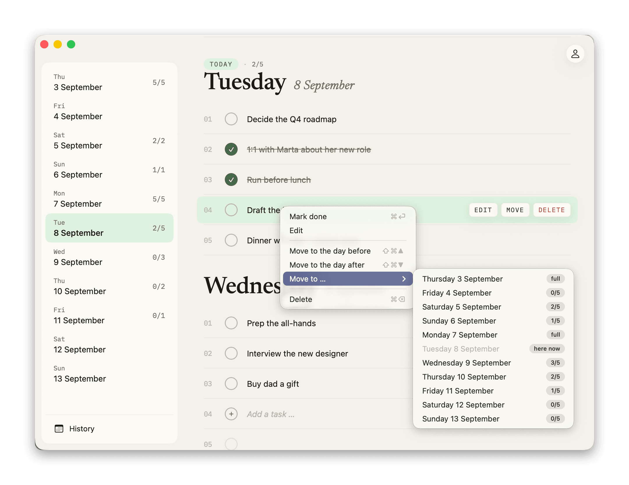 The right-click menu with shortcuts
